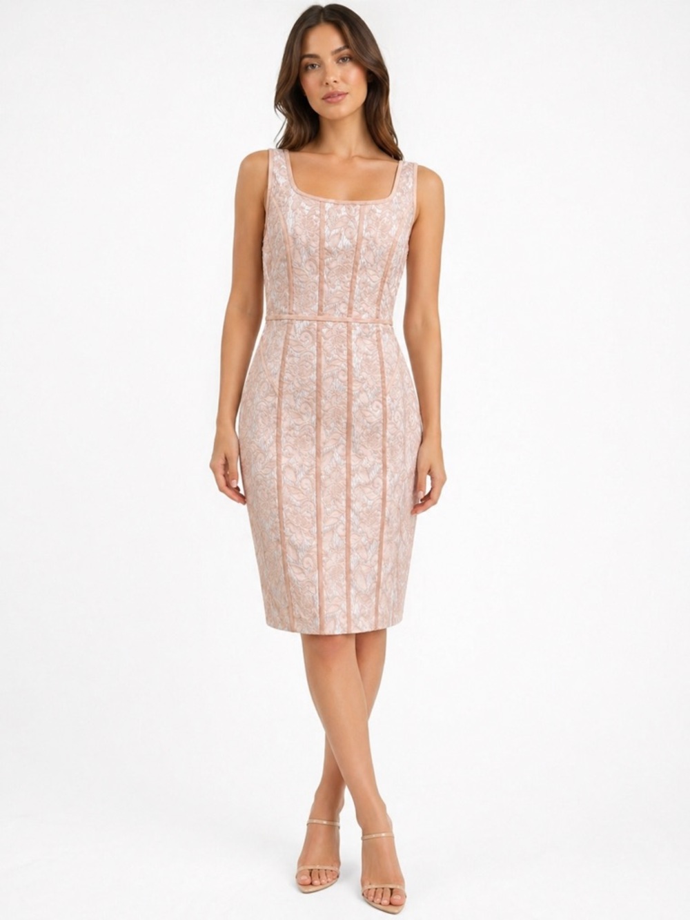 Cache Blush Pink Lace Sheath Sleeveless Fitted Knee-Length Elegant  Dress